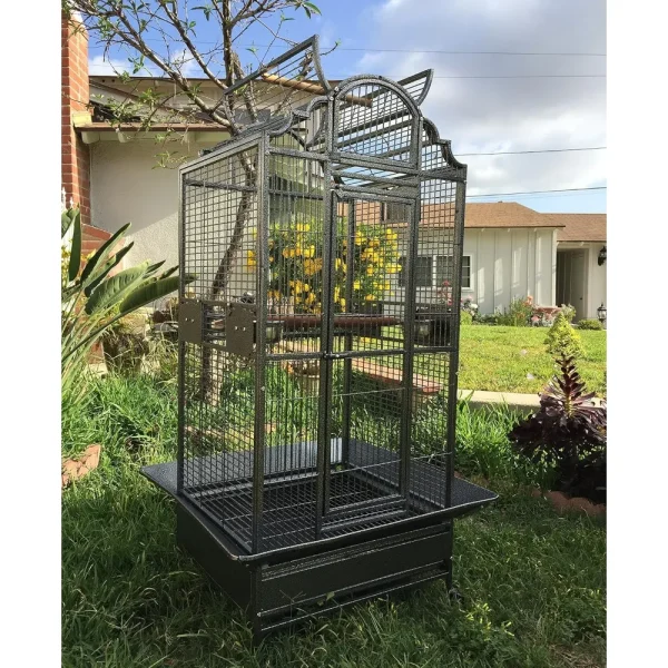 Large Wrought Iron Dome Play Top Bird Cage with Front & Pull-Down Doors