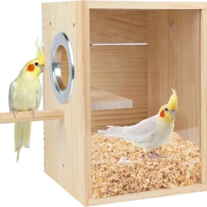 Transparent Parakeet Nesting Box with Wood Perch & Acrylic Design