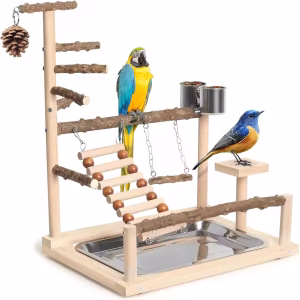 Parrot Play Stand – Wooden Playground with Perch & Feeder Cups for Small Birds