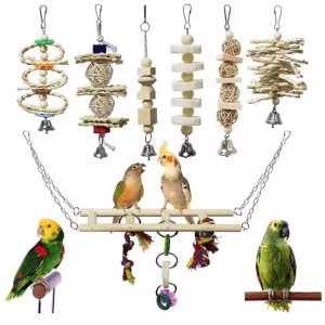 7PCS Natural Wood Parrot Toys – Chew & Ladder Set for Cockatiels
