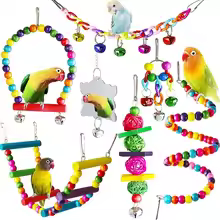 7PCS Wood Parrot Toy Set – Swings, Bridge, Bells & Cage Accessories