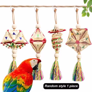 1pc Handmade Straw Parrot Chew Toy – Hanging Bell & Climbing Pendant (Random Style)